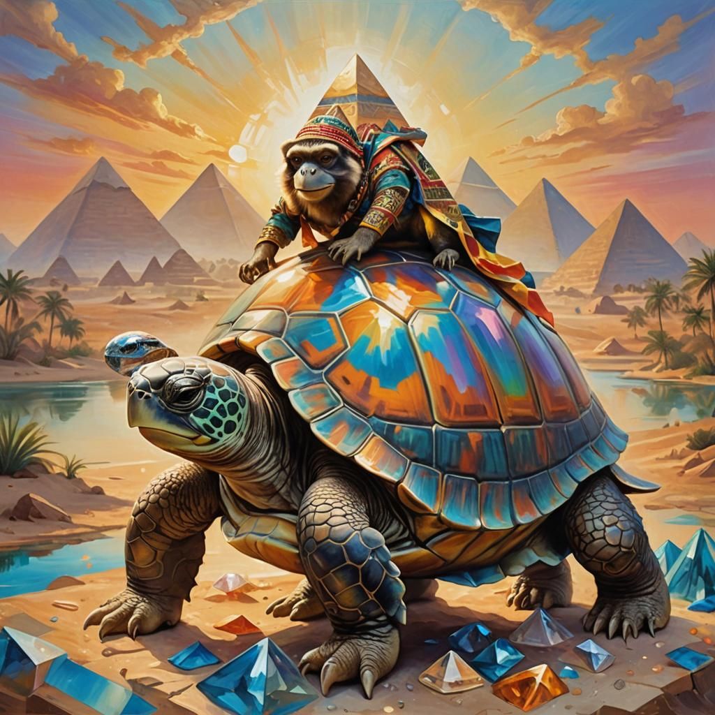 Crystal Turtle Rides Monkey with Pyramids: Oil Painting