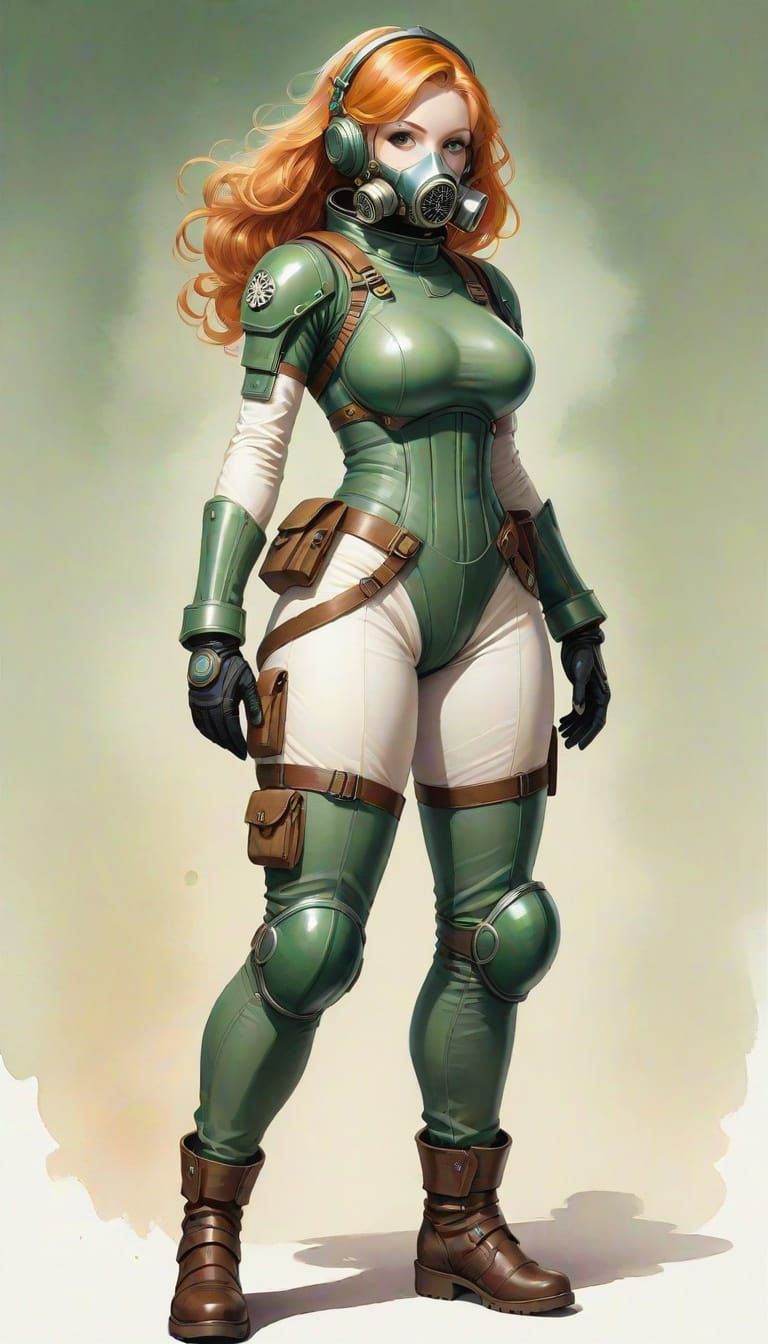 Gas mask,
Medium, strawberry blonde hair and green eyes, Skinny jeans and Knit top