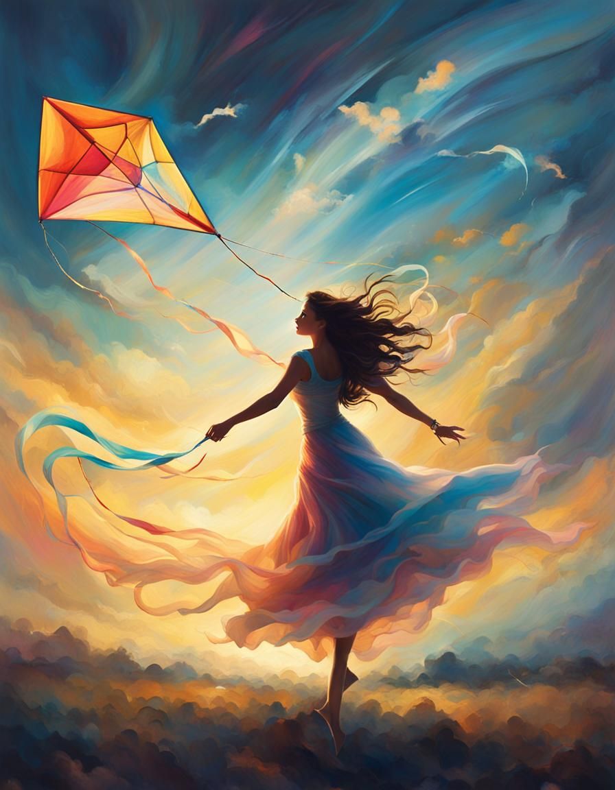 Woman Dancing with Illuminated Kite in Cloudy Sky