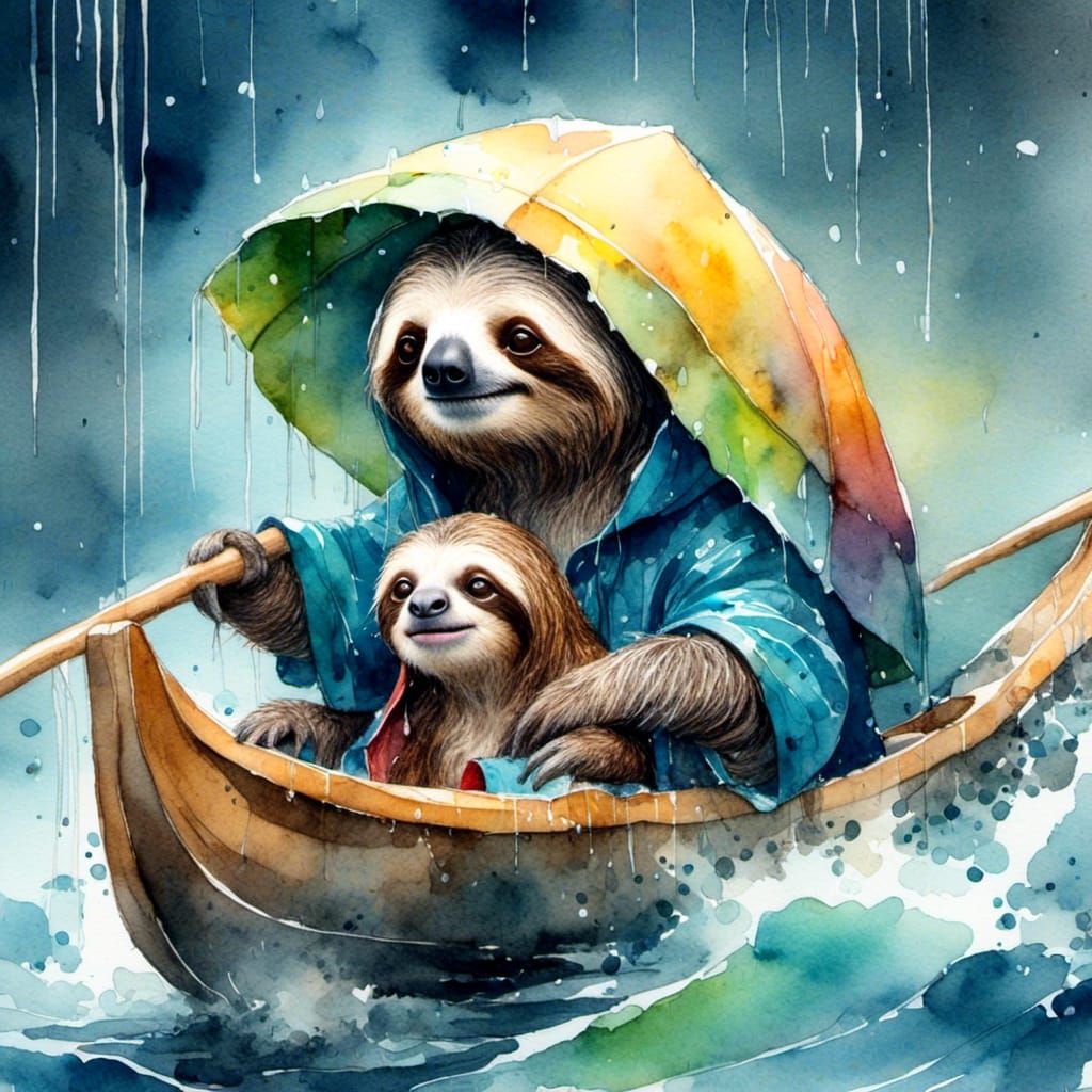<lora:Animals and Water:1.0>cute anthropomorphic Sloth, with her baby wearing raincoats sitting in a clam shell rowing a...