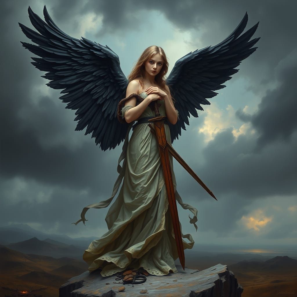 Angel of the Apocalypse in Bohemian Attire Watches Over a De...