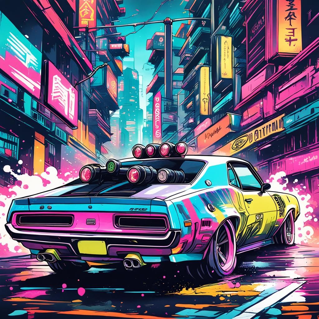 Cyberpunk Muscle Car Street Race: Cel-Shaded Art