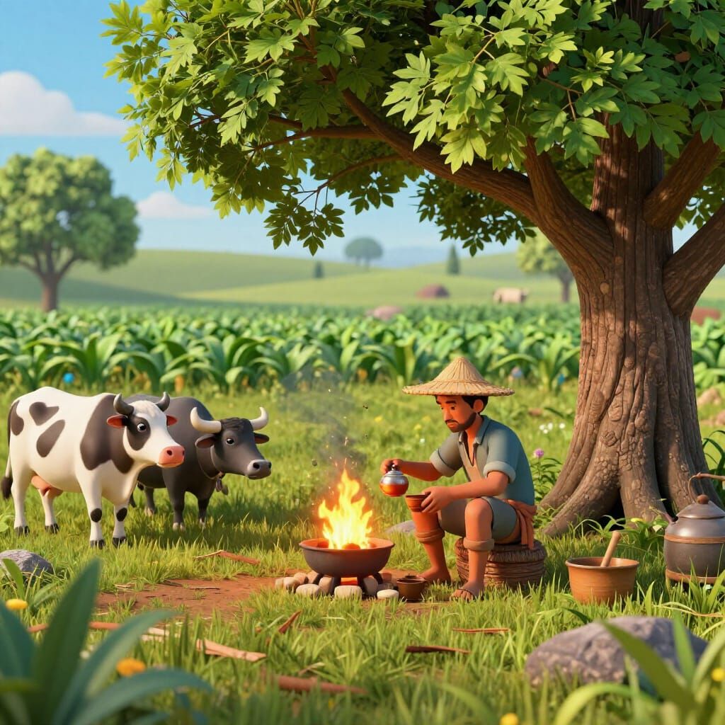 Hyperrealistic Farmer Makes Tea in Vivid 3D Field
