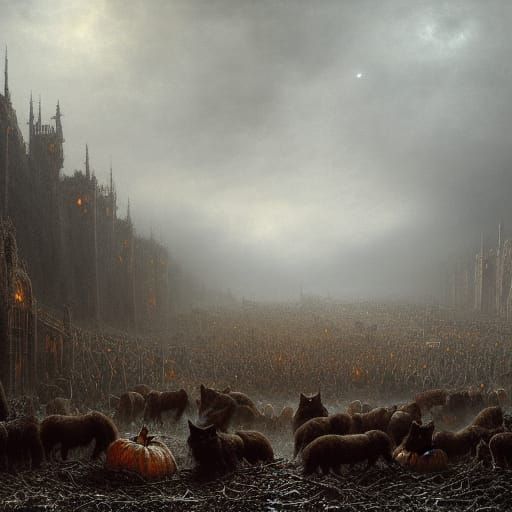 Wolves in Misty Pumpkin Patch Digital Painting