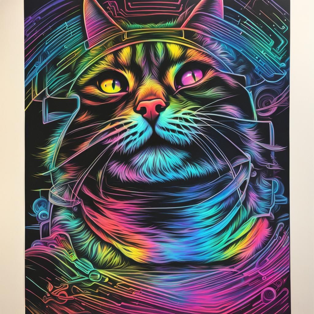 Rainbow Cat in Synthwave Style Charcoal Drawing