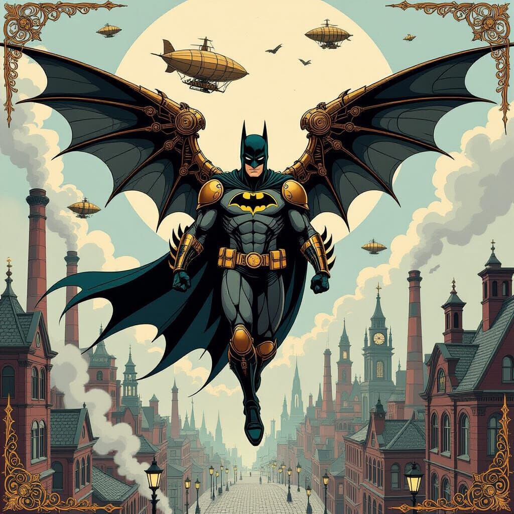 Steampunk Batman Soaring Over Victorian Gotham in Art Nouvea...