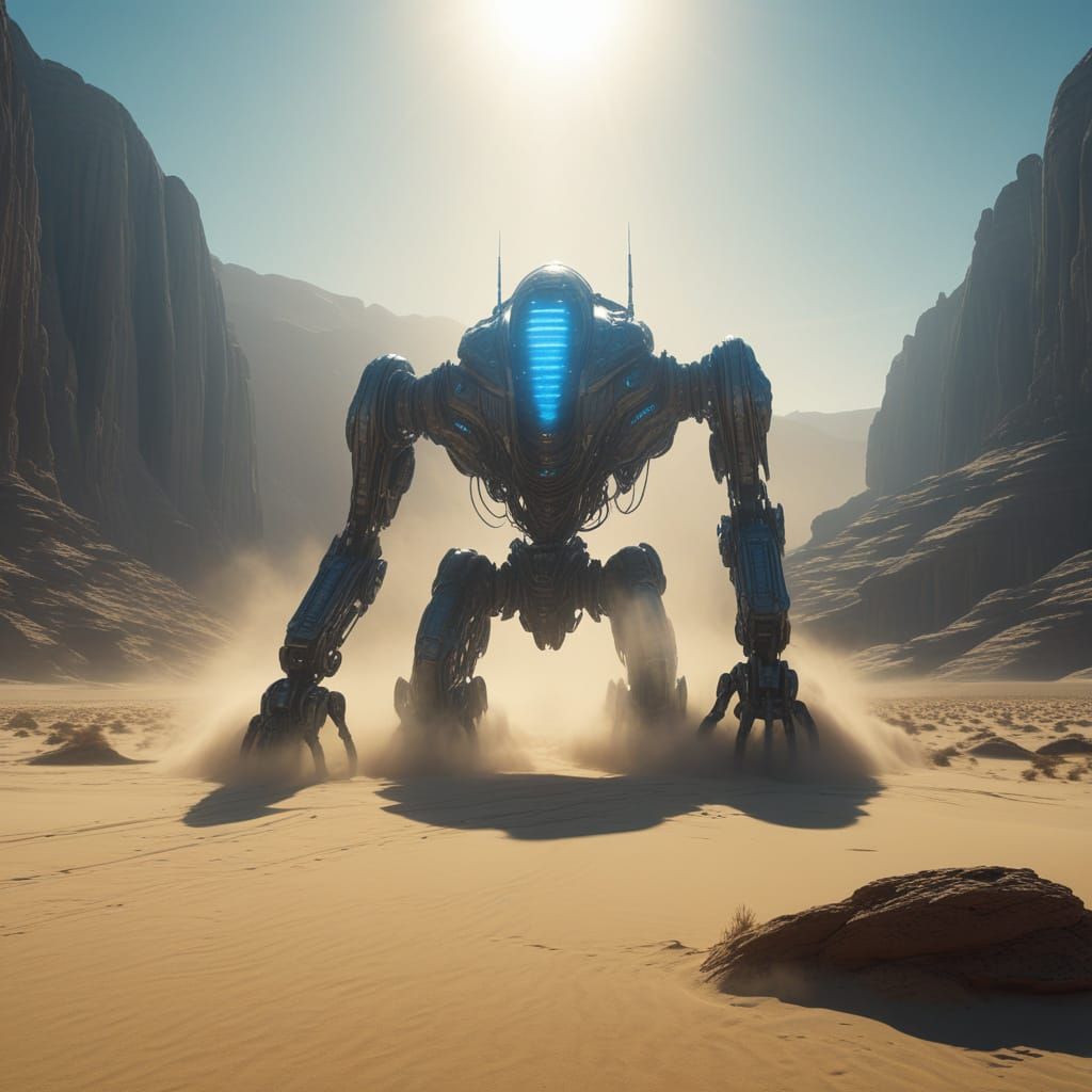 Colossal Ancient Robot Awakens in Desert Landscape