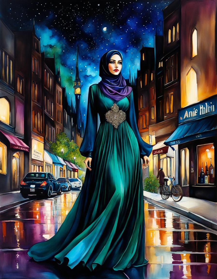 Fantasy Woman in City Street, Alcohol Ink Style