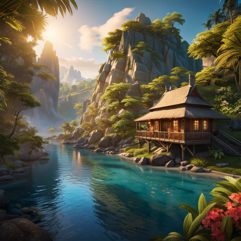 Tropical Beach Cove Paradise in Detailed Digital Art