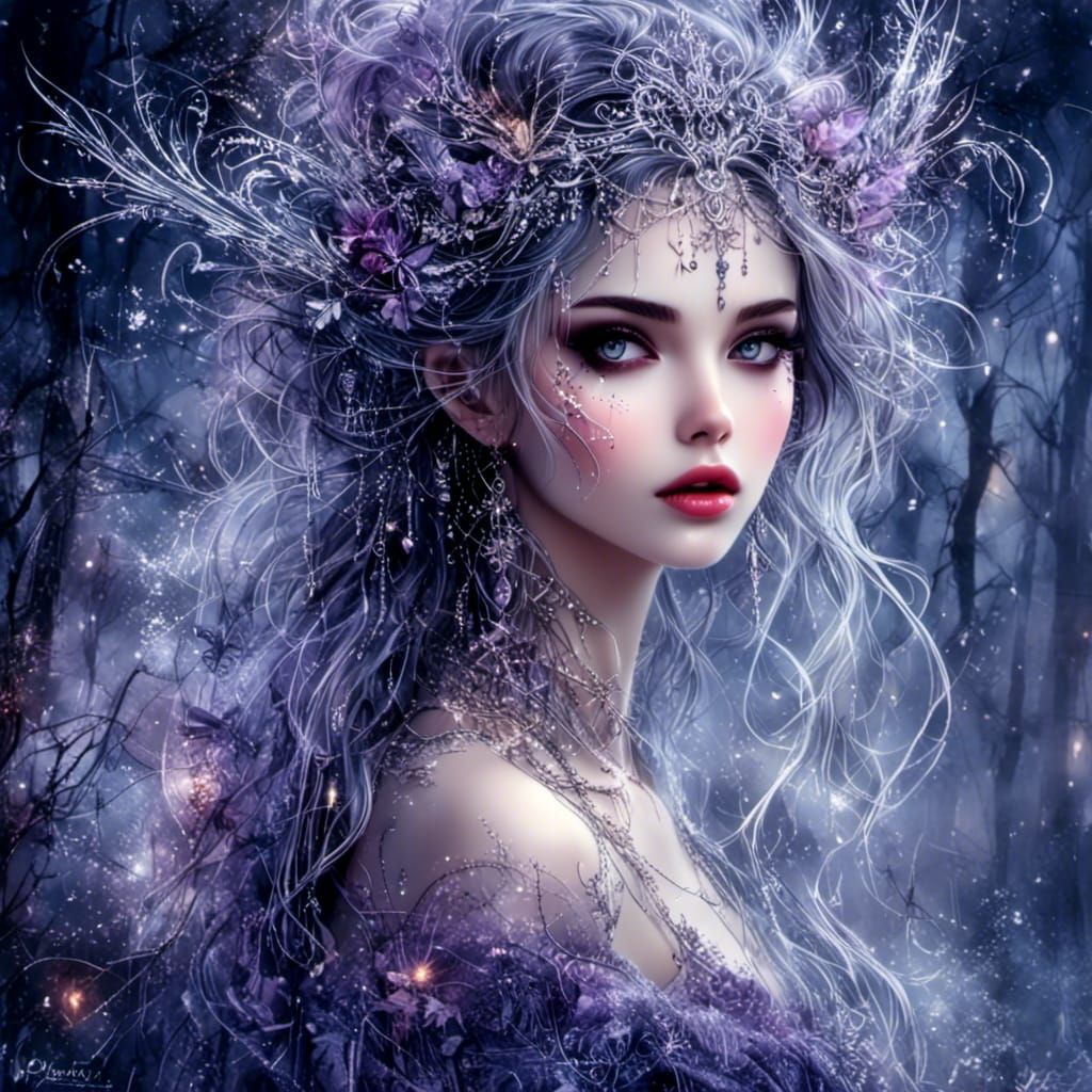 Winter Fae in Snowy Forest, Digital Art