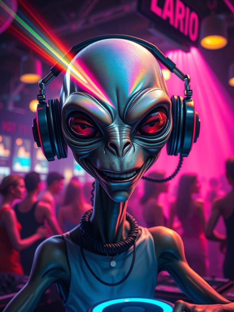 Prism Head Alien DJ in Futuristic Club