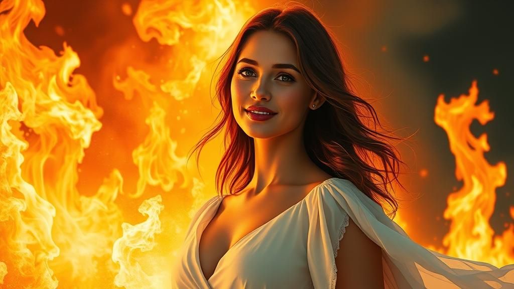 Radiant Woman Amidst Fiery Blaze: Expressive Art