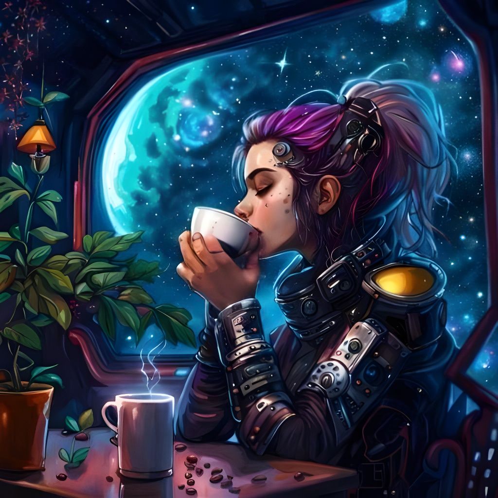 Cyberpunk Girl's Coffee Break in Space