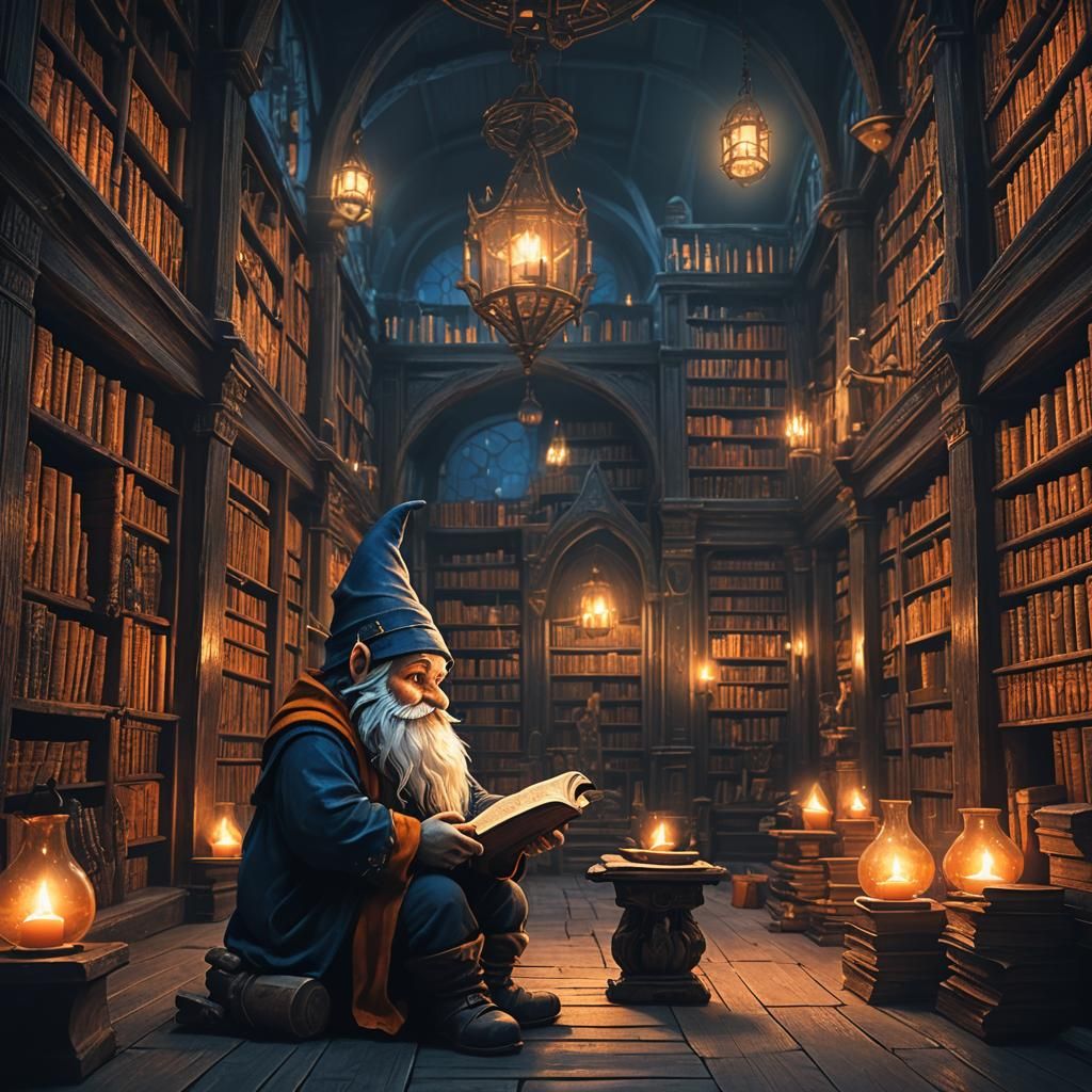 Gnome in Dark Library: Fantasy Concept Art