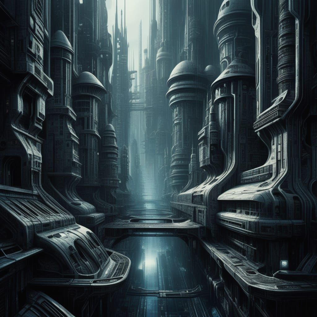 Surreal Cyberpunk Cityscape Inspired by H.R. Giger