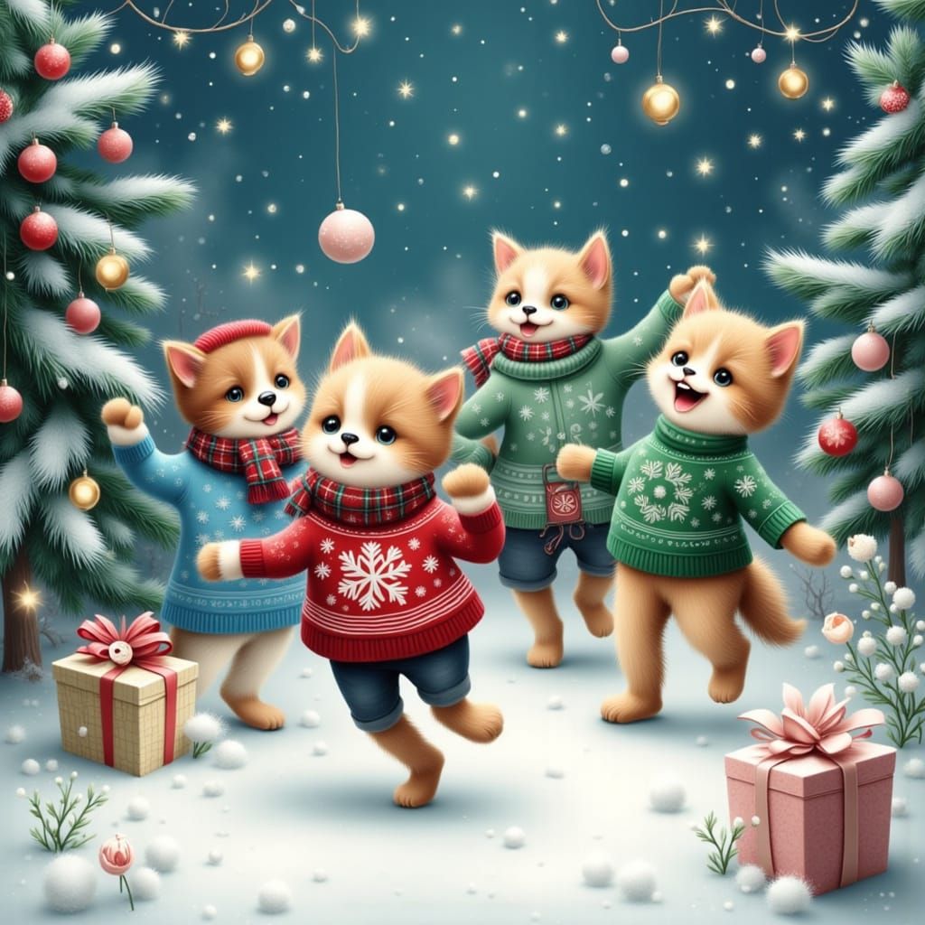 Kittens in Ugly Dog Sweaters Dance in Whimsical Winter Scene