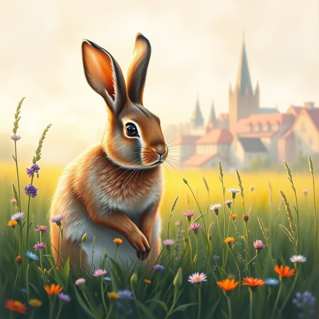 Charming Belgian Hare in Lush Meadow, Watercolor Illustratio...