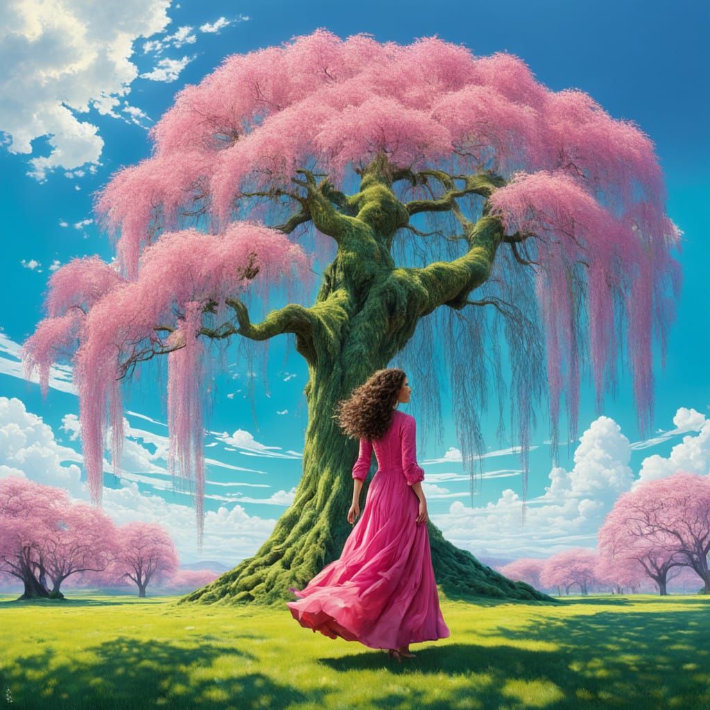 Woman in Vibrant Pink Gown Embracing Majestic Weeping Willow...
