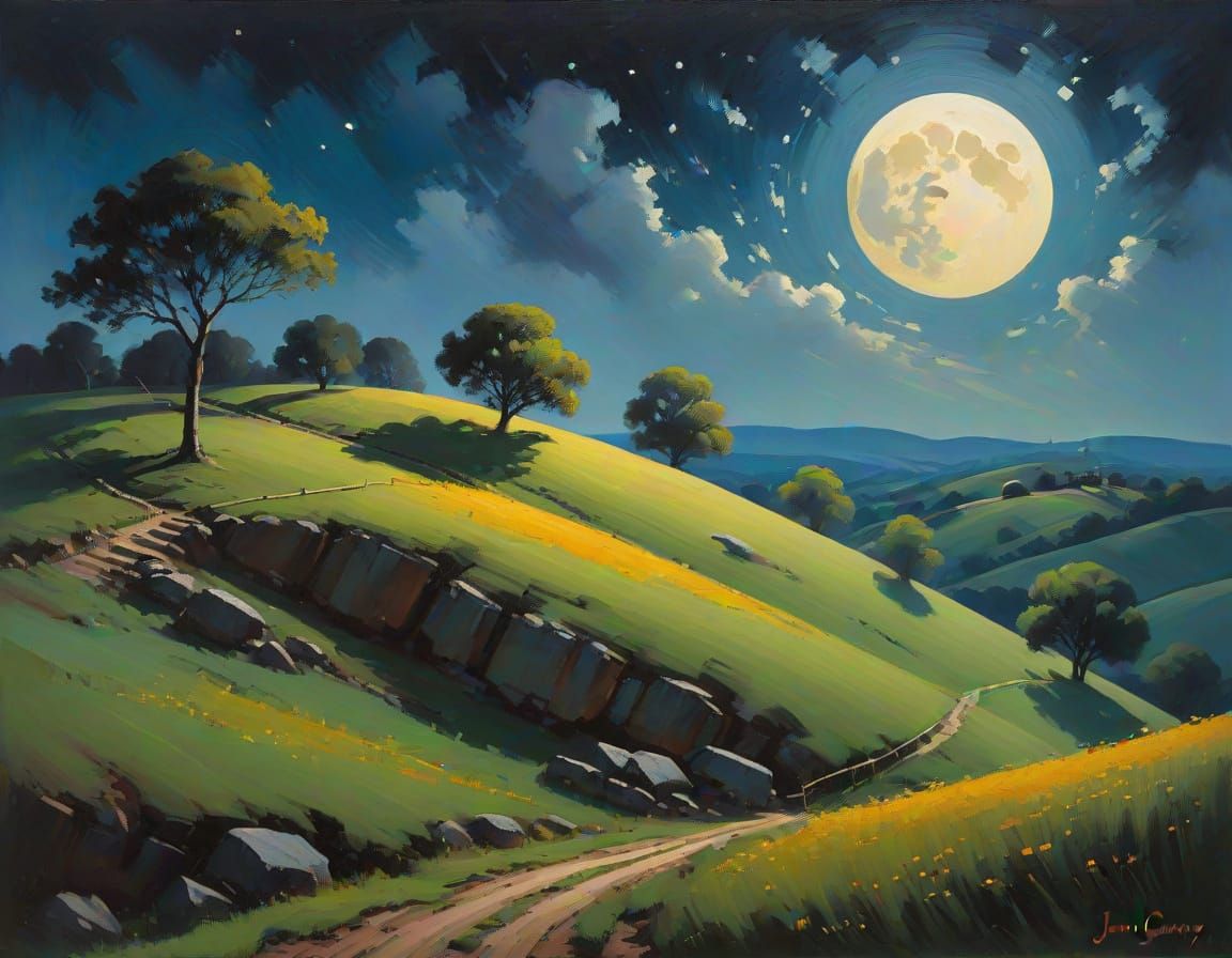 Moonlit Hill in Expressive Oil Painting Style