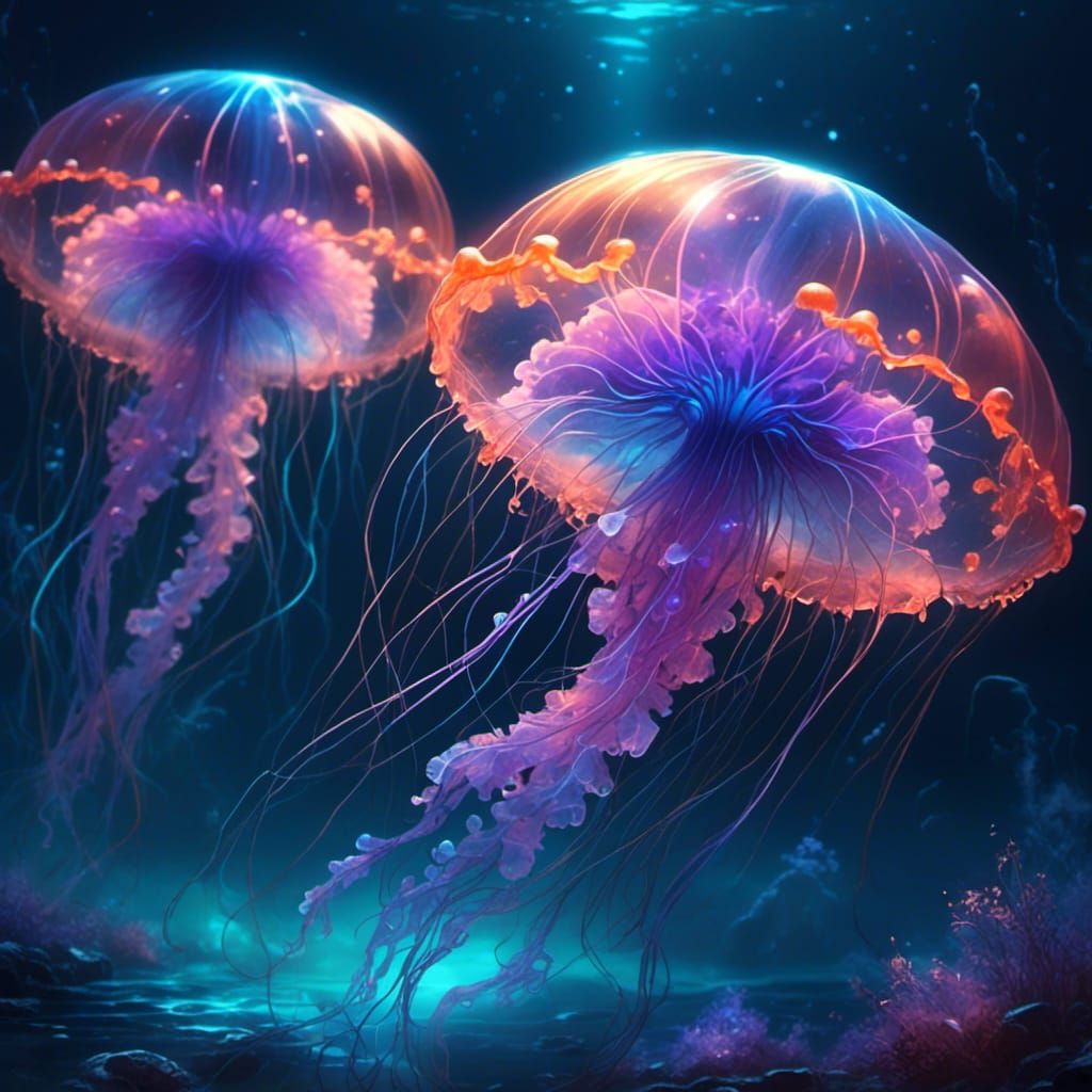 Glowing Bioluminescent Jellyfish in Dark Ocean