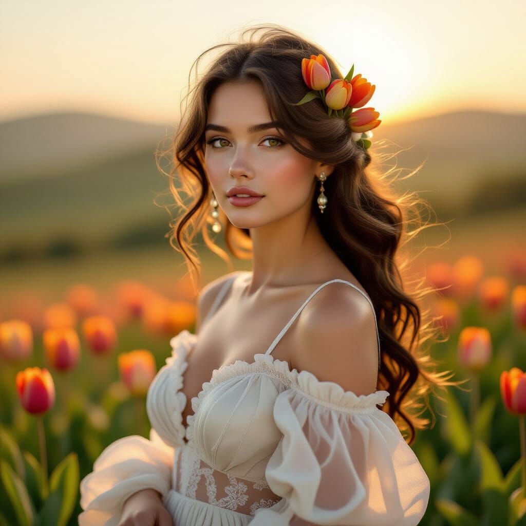 Woman with Tulips and Hilly Landscape in Art Nouveau Style