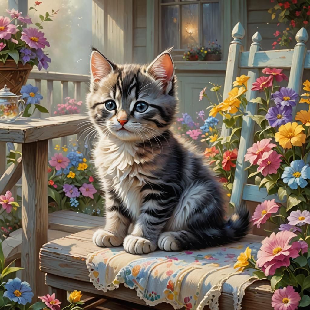 Kitten Nap on Porch in Ethereal Style