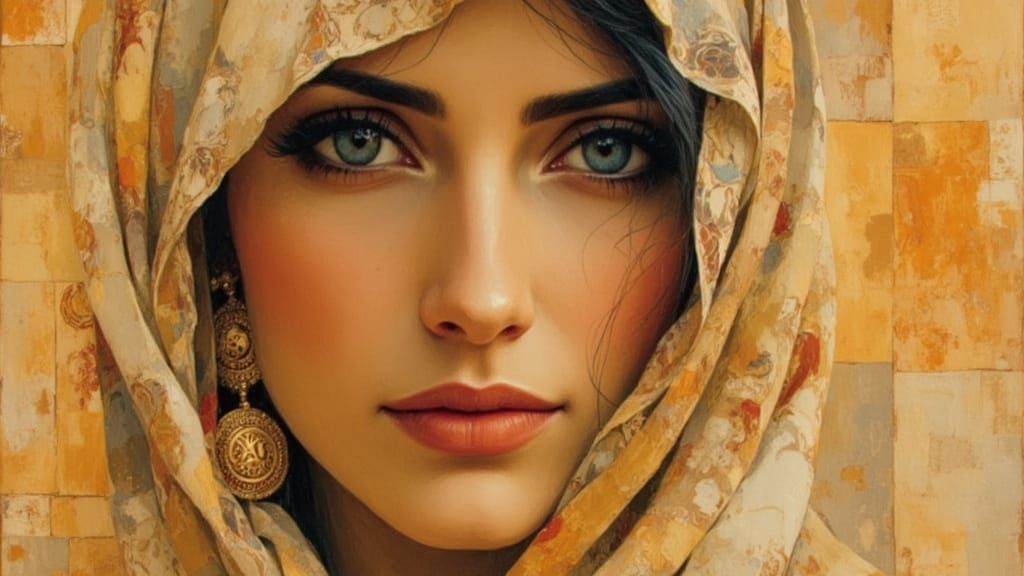 Veiled Woman in Desert, Klimt-Style Portrait