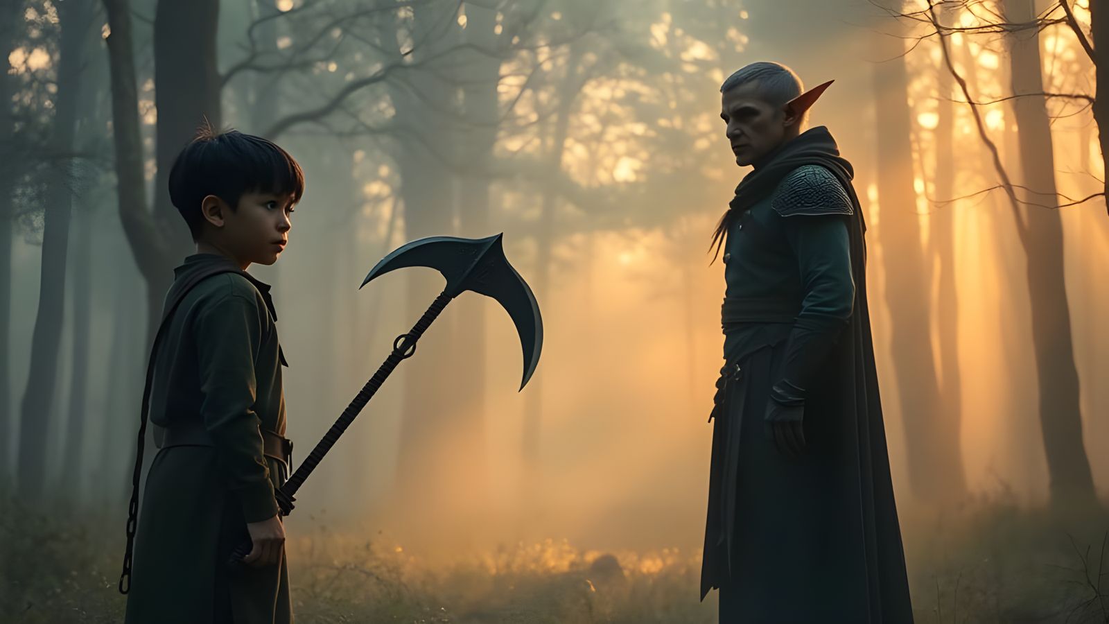 Boy Faces Elf with Scythe in Misty Forest