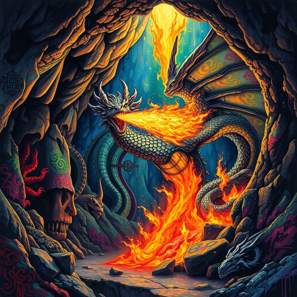 Majestic Dragon Breathes Fire in Graffiti-Adorned Cave