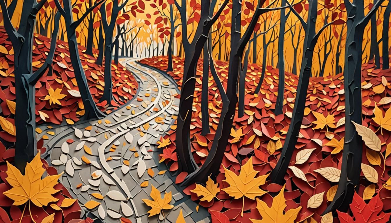 Autumn Forest Path in Paper Collage Style