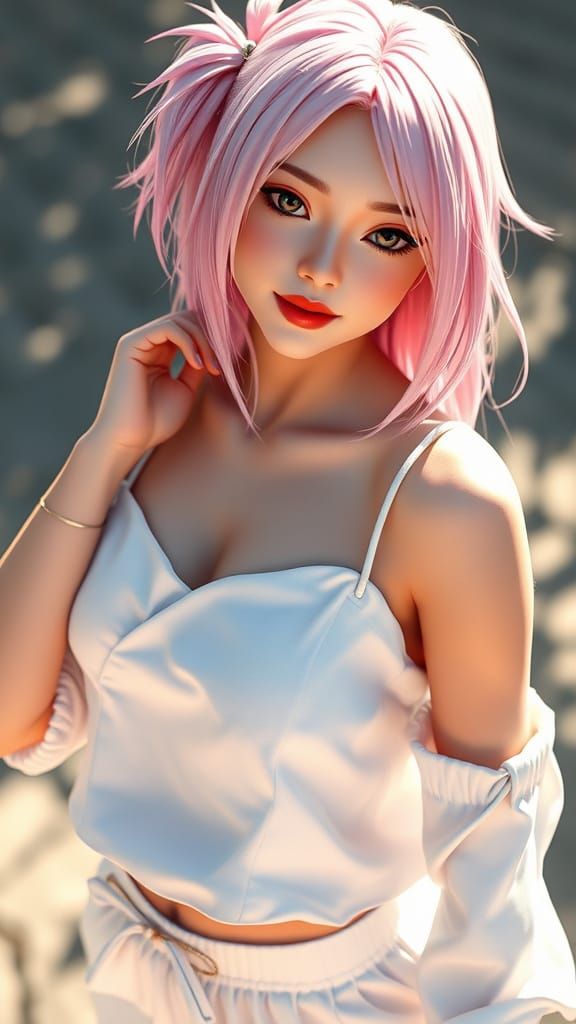 Sakura Haruno as a High-Fashion Model in a Beautiful White O...