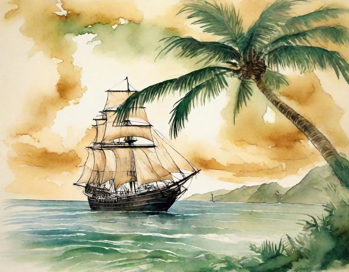 Tropical Seascape in Vibrant European Ink Painting Style