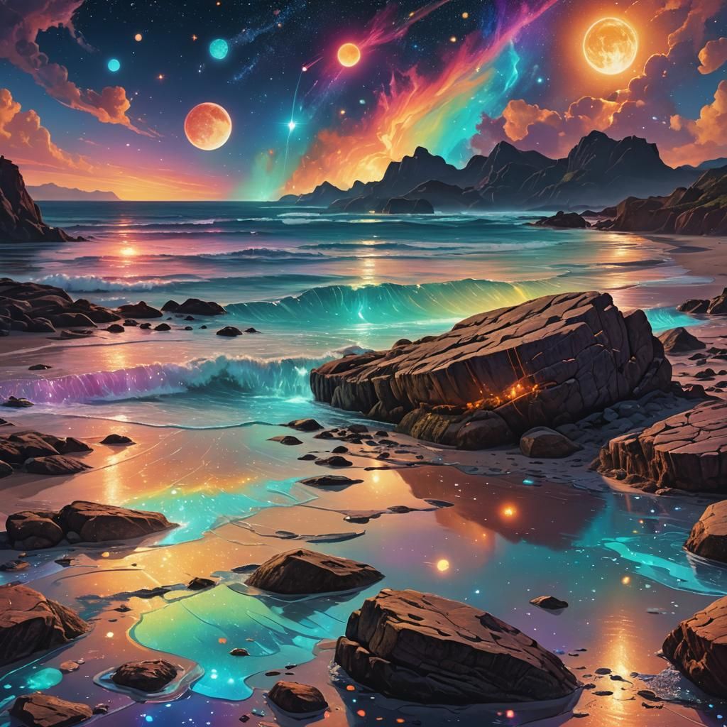 Beach in Glow Rock: Astral Cosmic Illustration