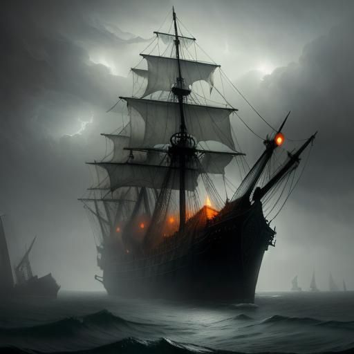 Ghost Ship in Lightning Storm, Horror Art