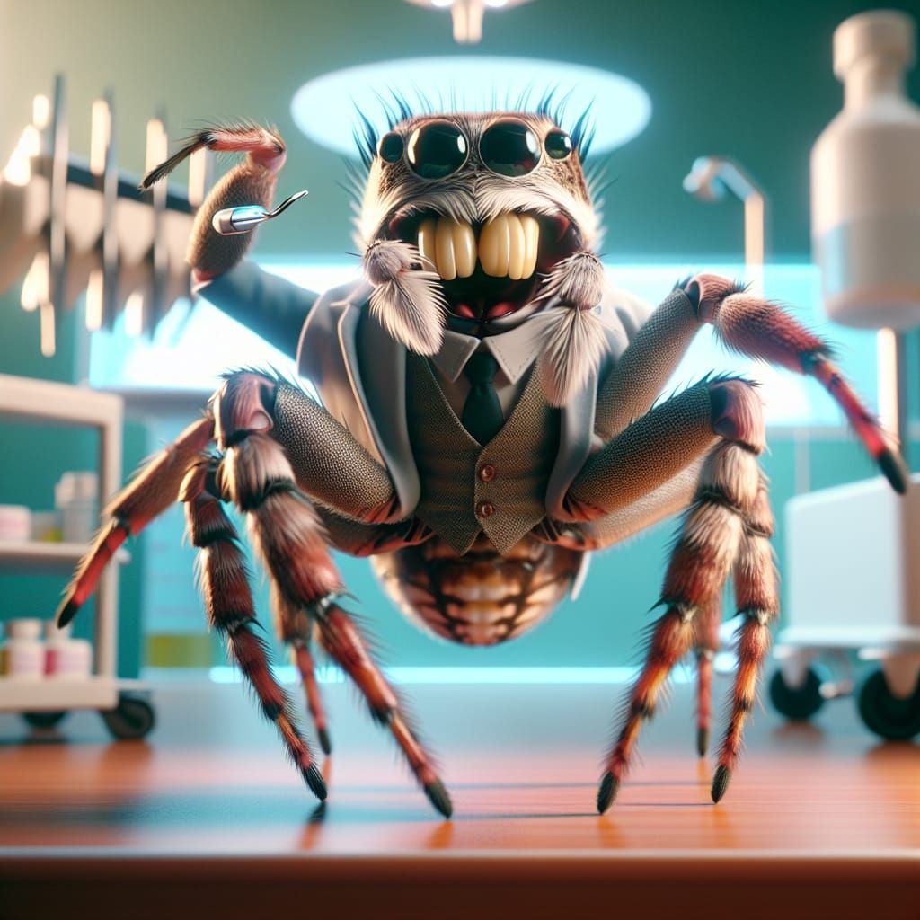 Hyperrealistic Jumping Spider as Dentist Concept Art