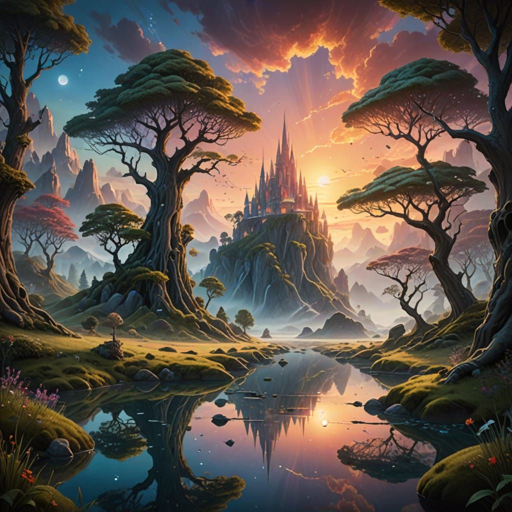 Surreal Fantasy Sunrise in Classic Art Style