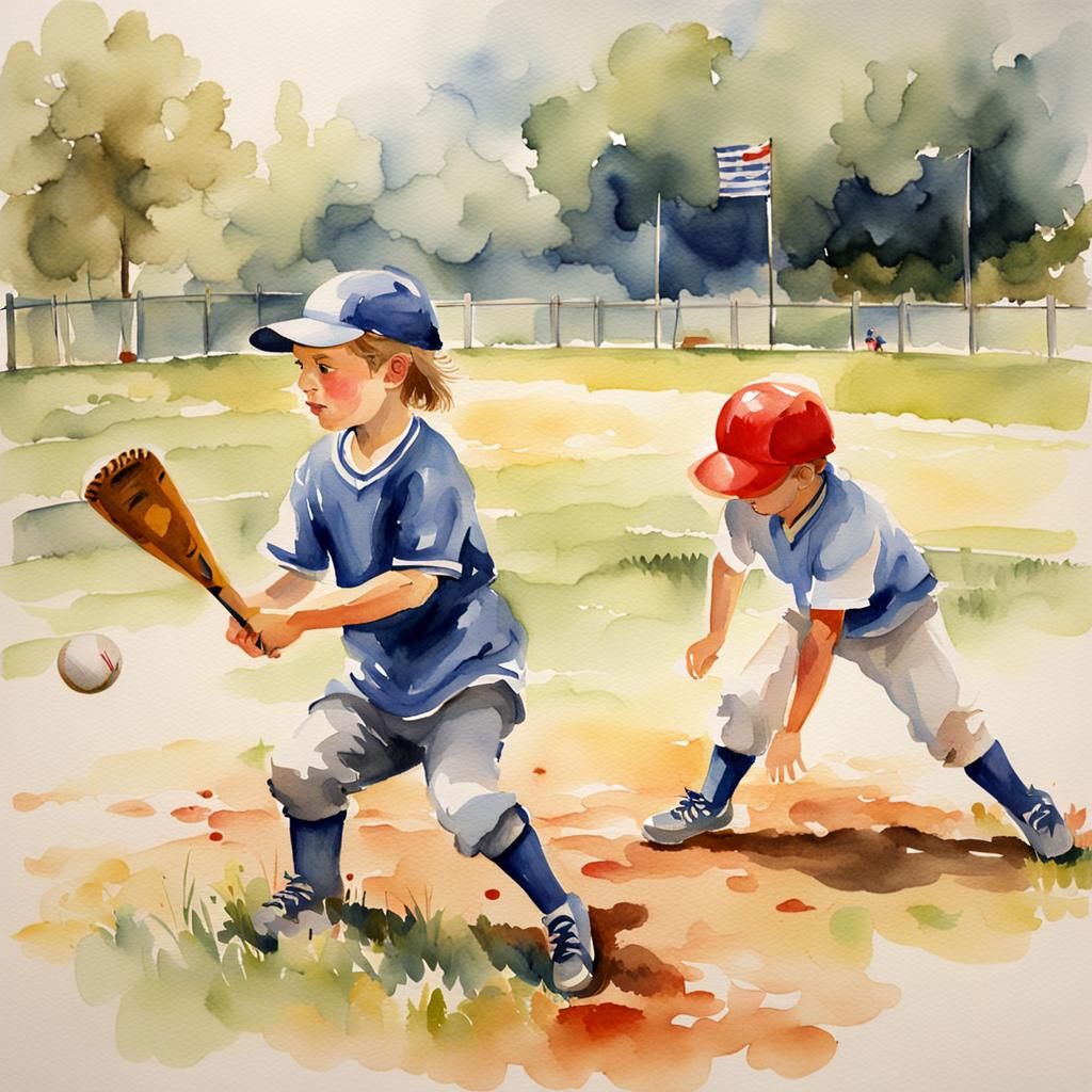 Children Playing Baseball: Watercolour Action Painting