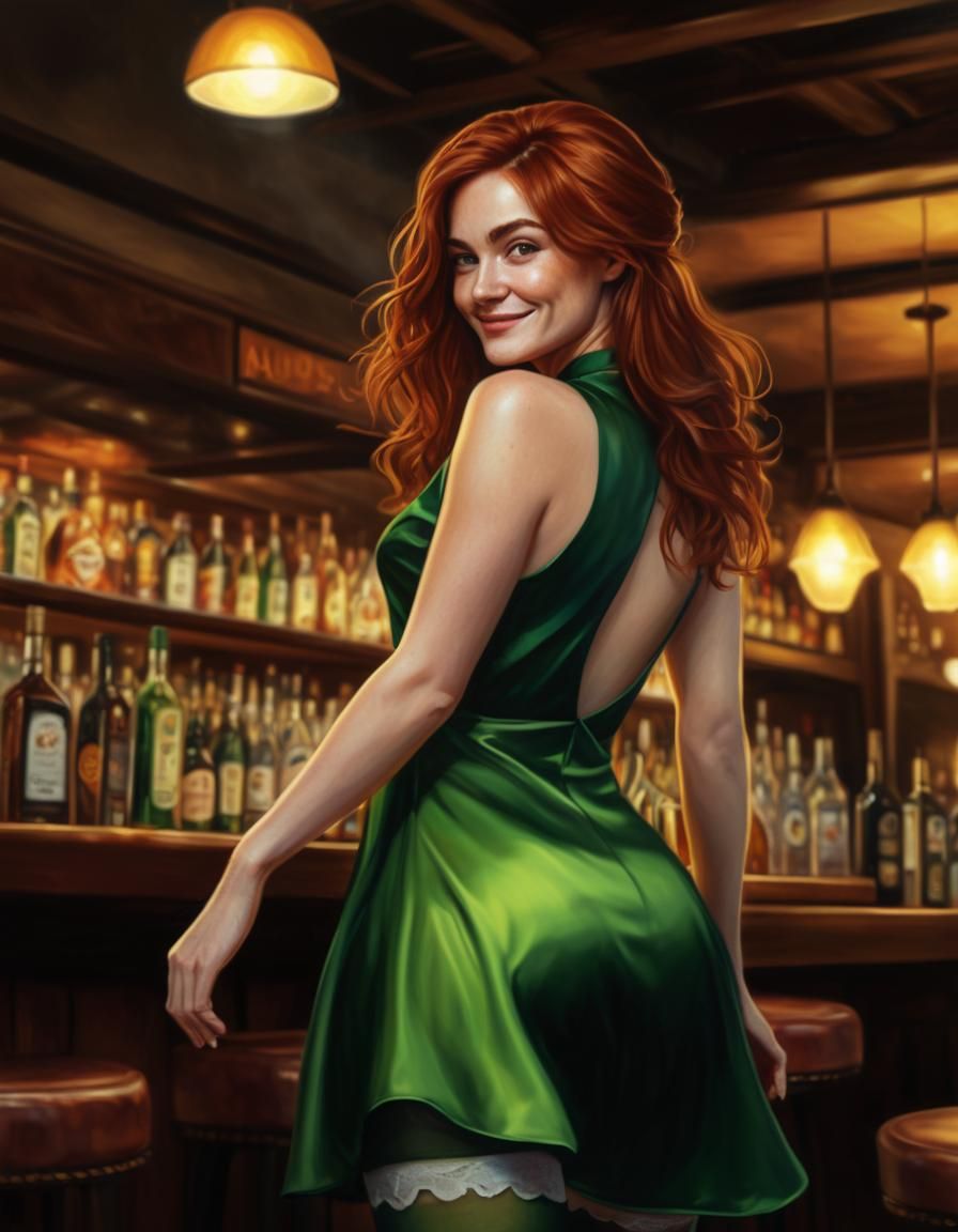 Ethereal Woman in Green Dress: Chiaroscuro Oil Painting