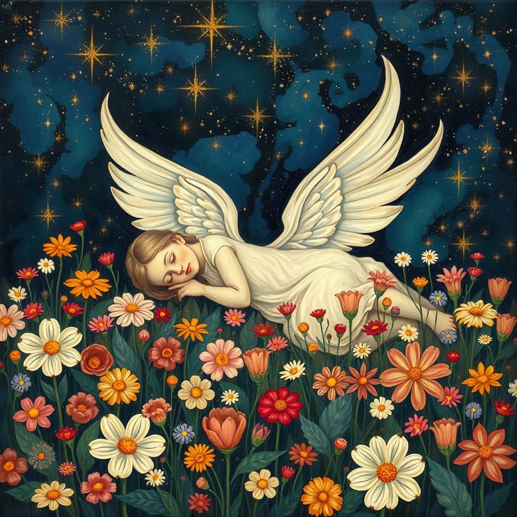 Abstract Angel Watching Stars in Flower Garden