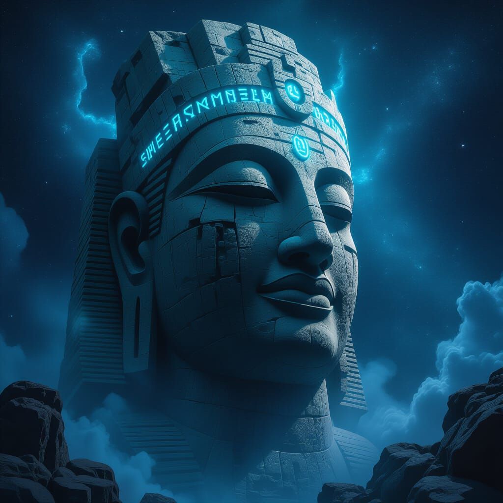 Ancient Deity Statue in Cosmic Nebula