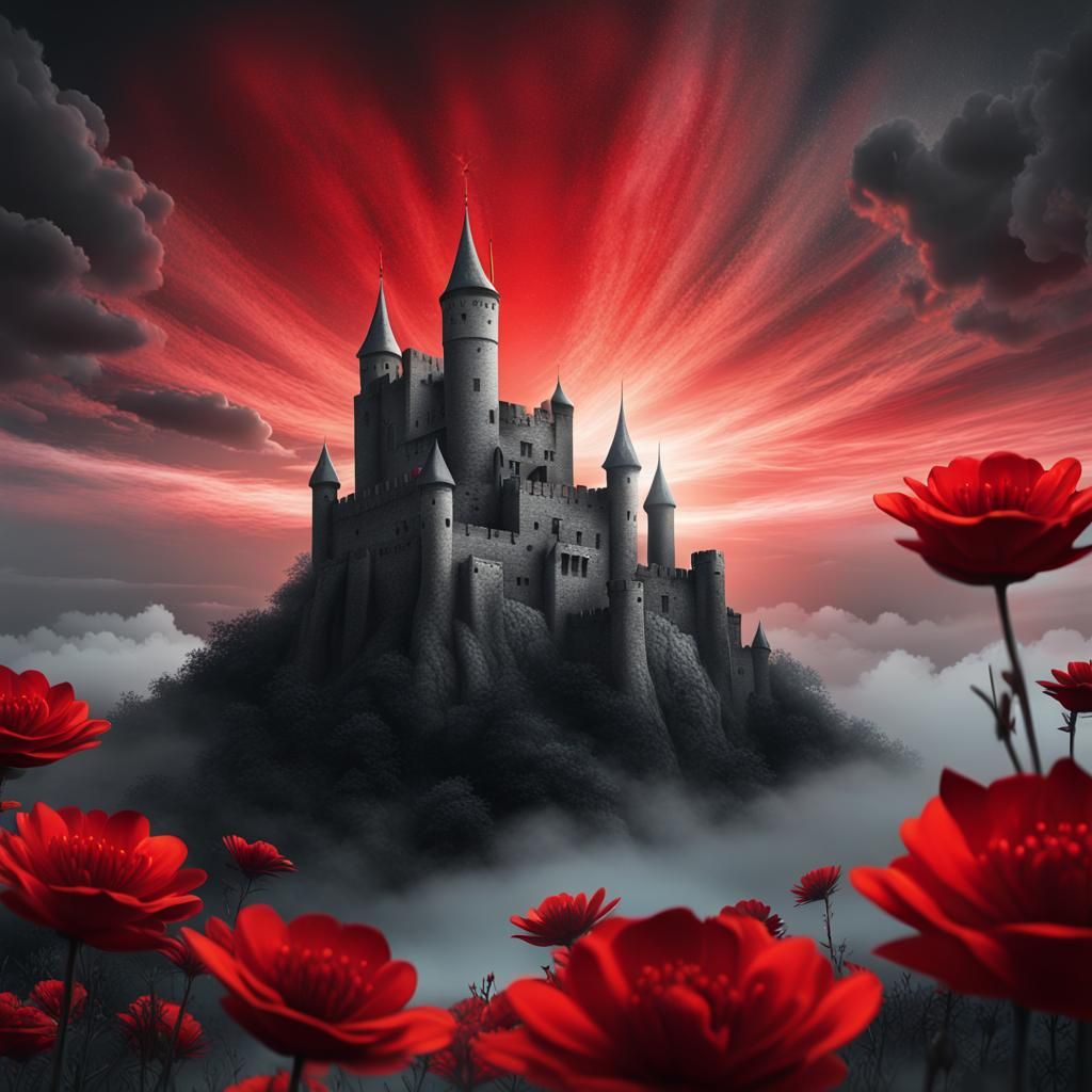 red FLOWERS, monochrome landscape
