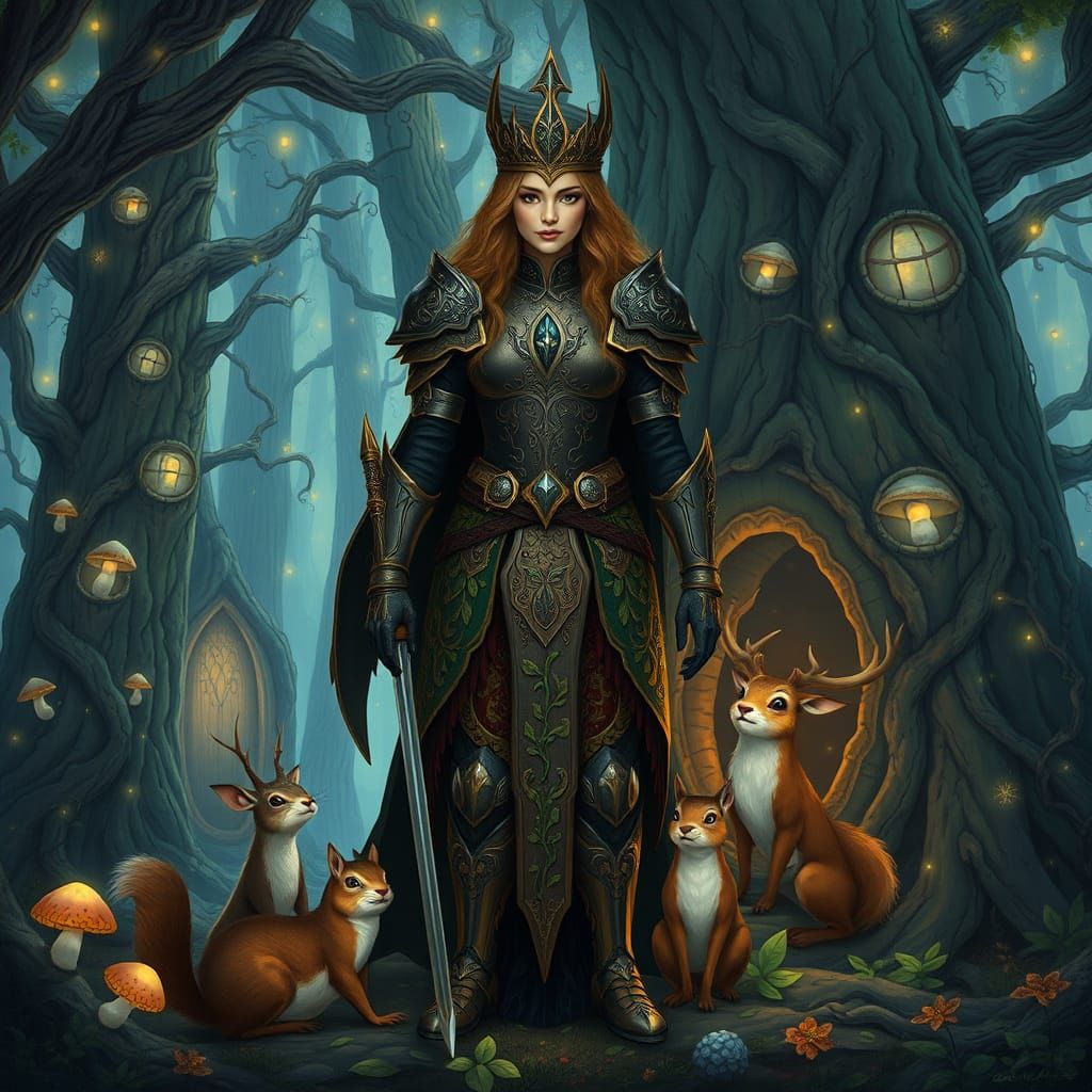 Regal Warrior Queen in Whimsical Forest Wonderland