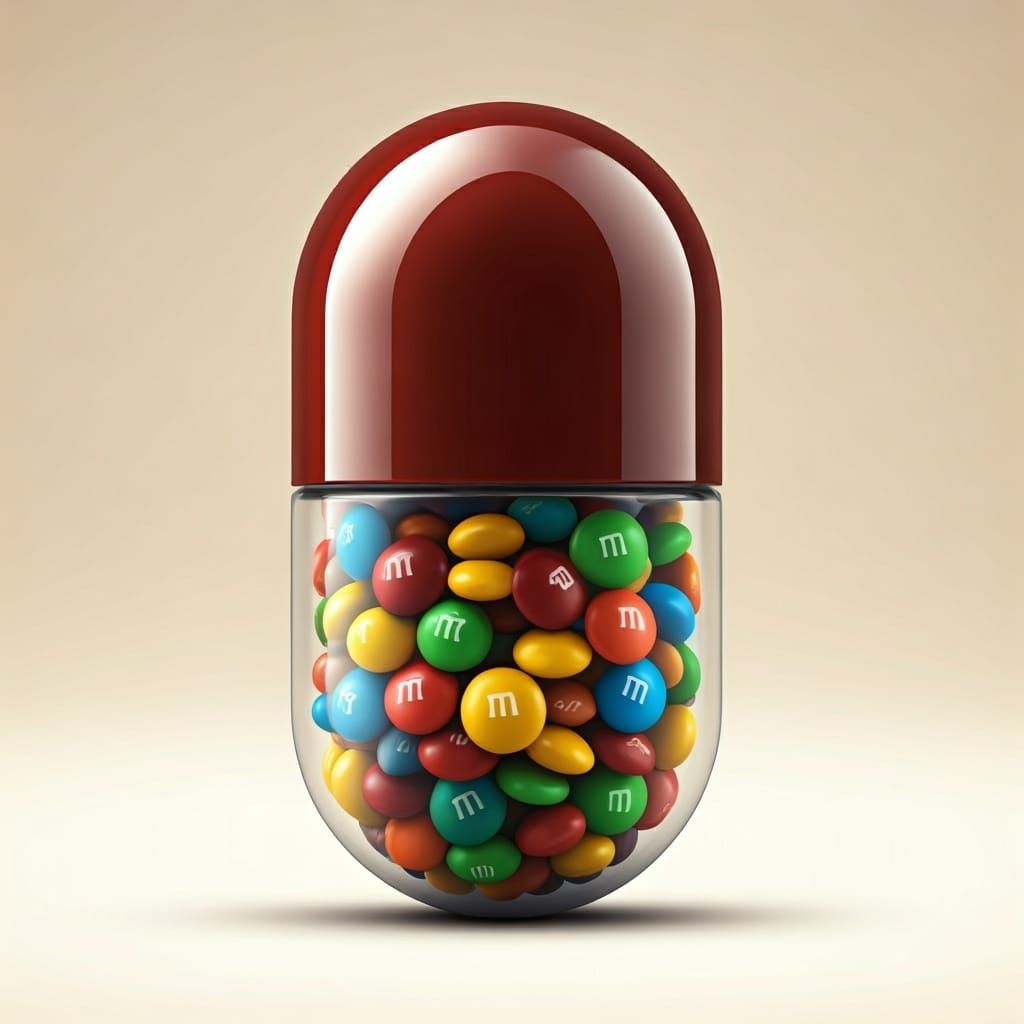 A realistic 3D render of a capsule-shaped container filled M...