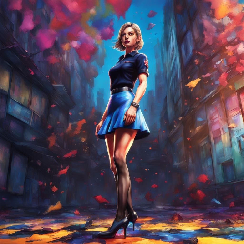 Jill Valentine wearing miniskirt, black pantyhose and high heels