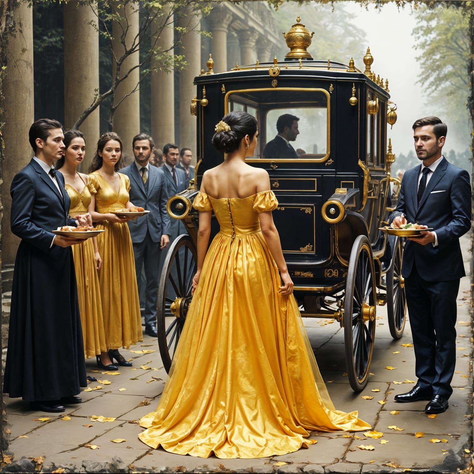 Elegant Lady Arriving by Horse-Drawn Coach