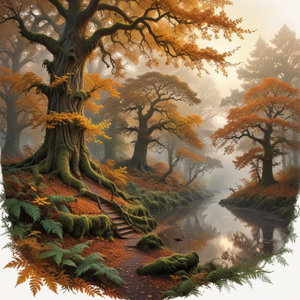 Enchanting Autumn Forest with Ancient Oaks and Amber Leaves