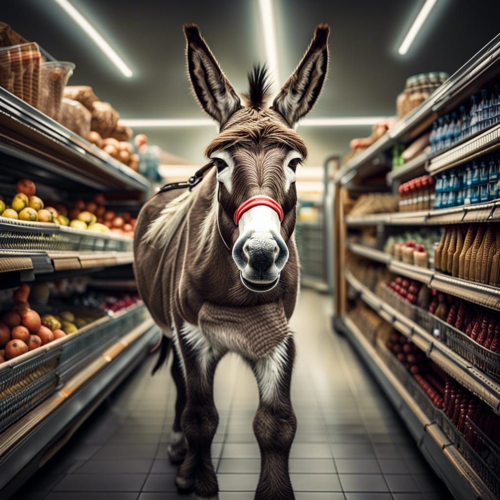 Donkey Does Supermarket Shopping in Hyperreal Style