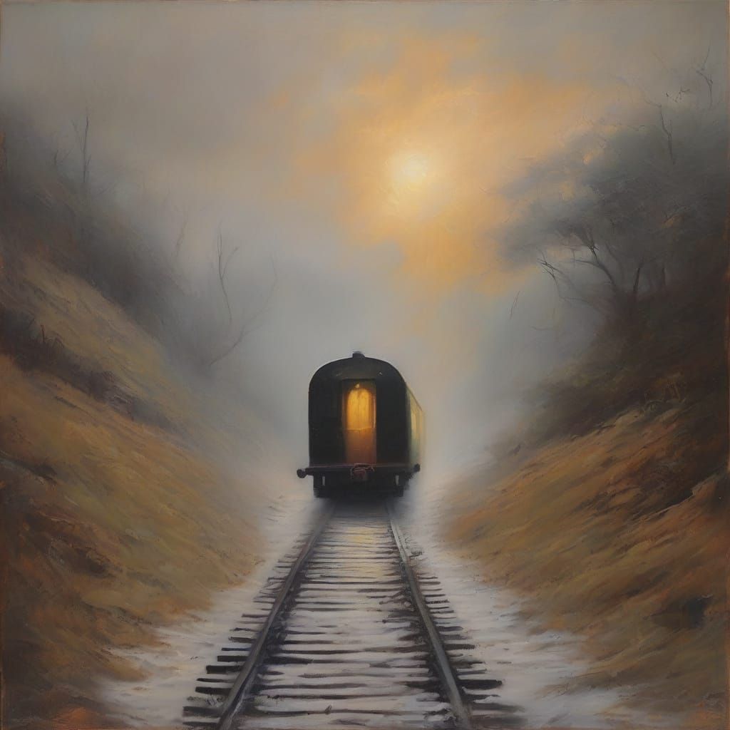 Surreal Haunting Oil Painting of a Ghostly Train Emerging fr...