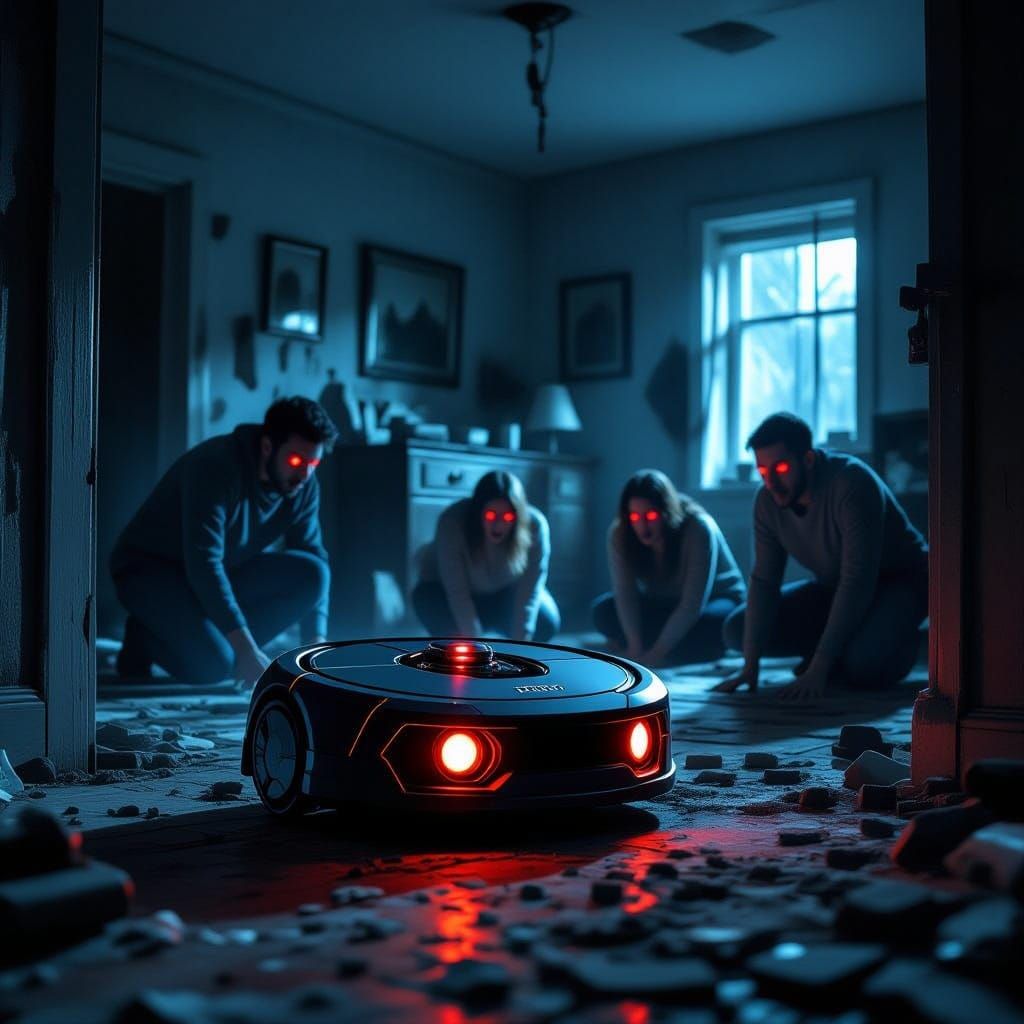 Demonic Robot Vacuum Cleaner in a Dark, Surreal House