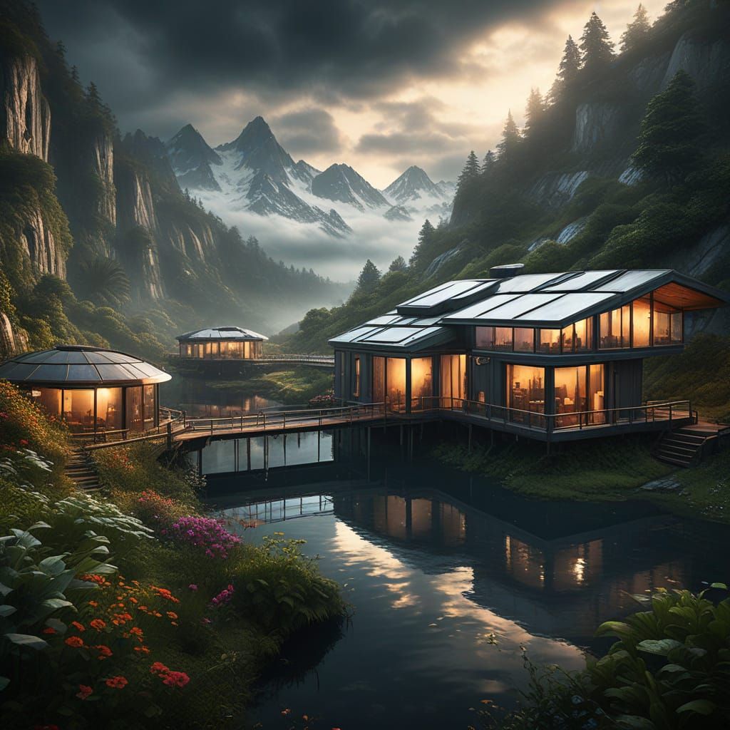 Eco-Friendly Floating City in a Lush, Misty Landscape
